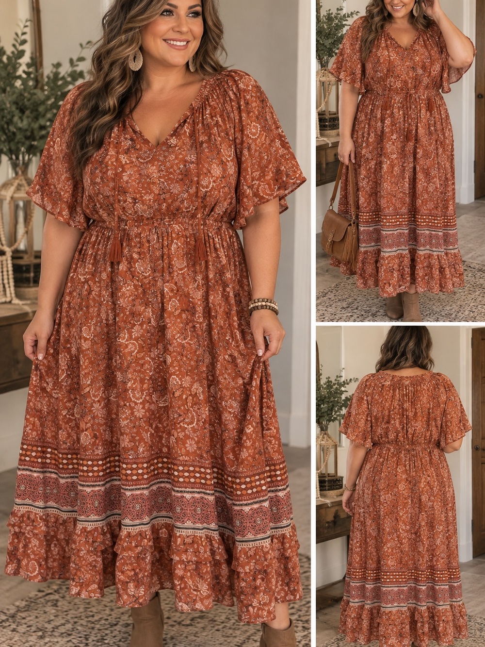 Knox Rose Rust Floral Tiered Maxi Dress